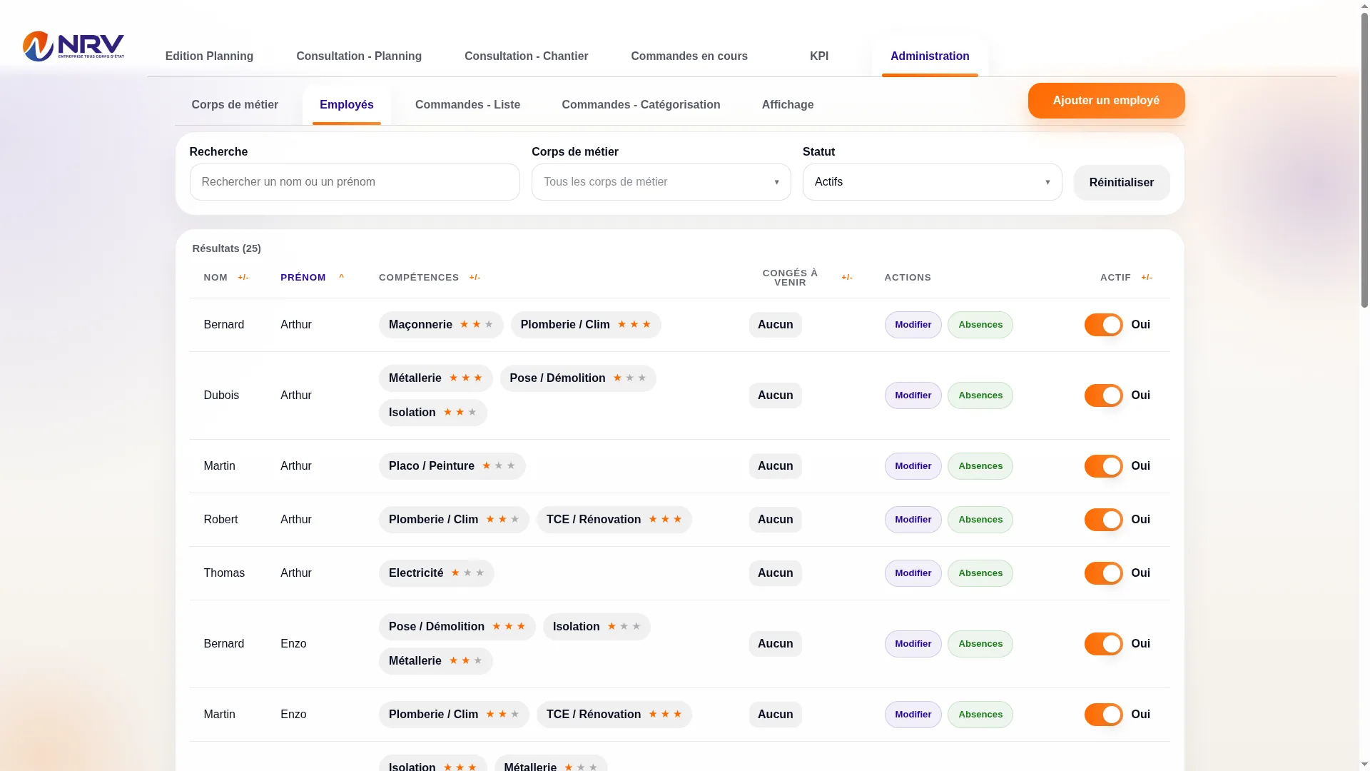 Interface de gestion des employés de NRV-Planif avec les compétences et le statut des profils