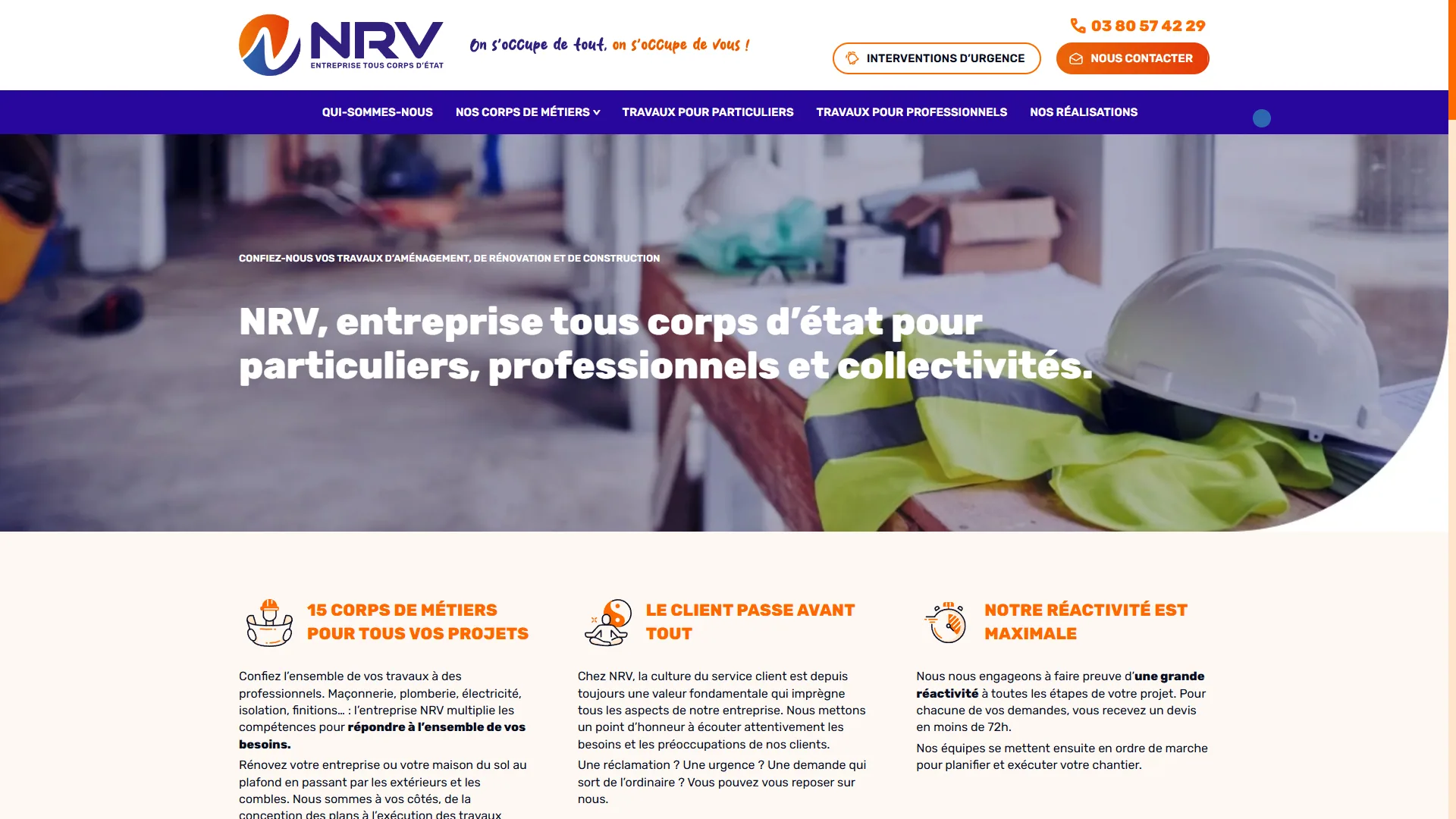 Page d'accueil du site vitrine de NRV, entreprise tous corps d'état