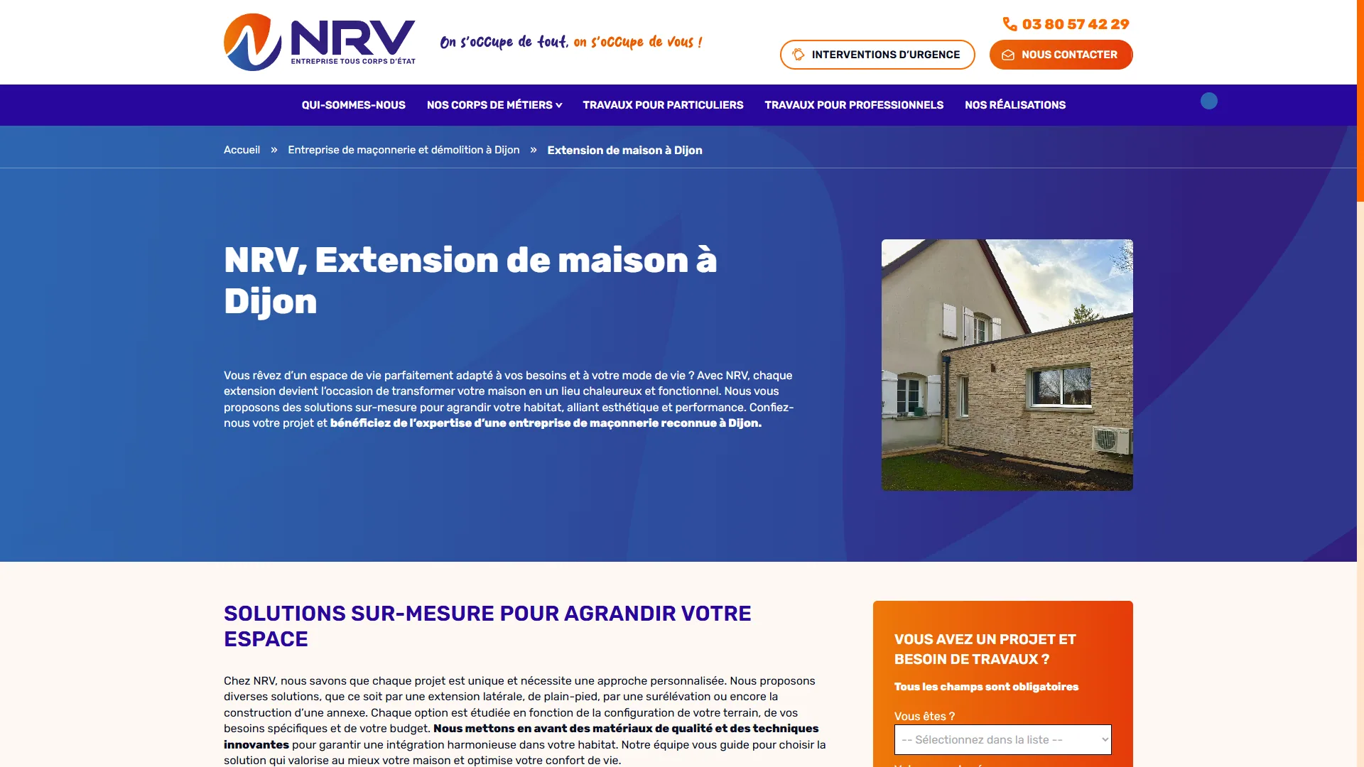 Page de prestation consacrée à une extension de maison sur le site vitrine de NRV