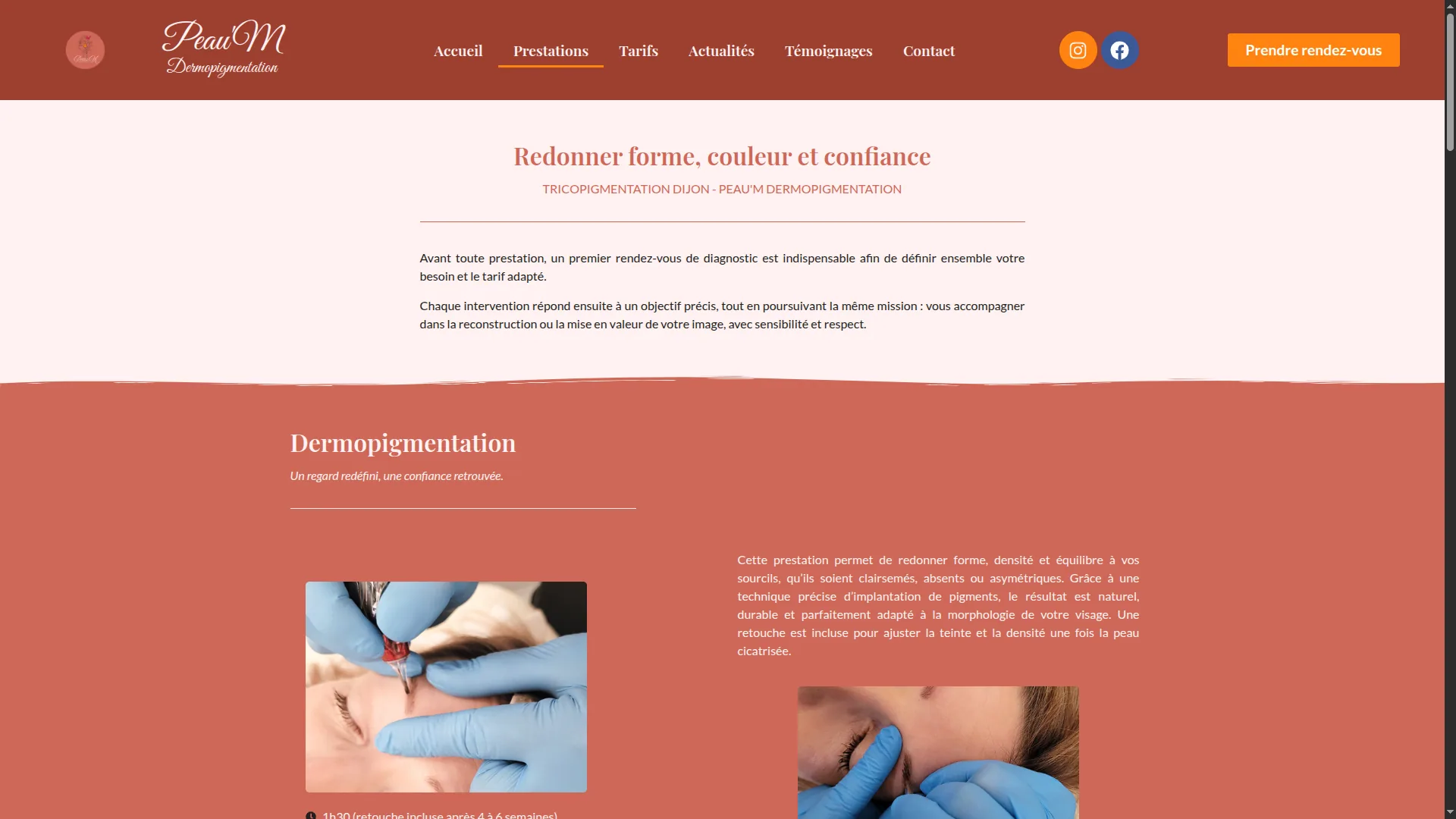 Page de présentation des prestations de dermopigmentation de Peau’M Dijon