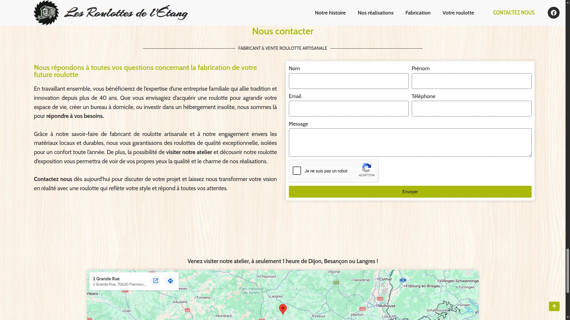 Page de contact des Roulottes de l’Étang avec le formulaire de demande