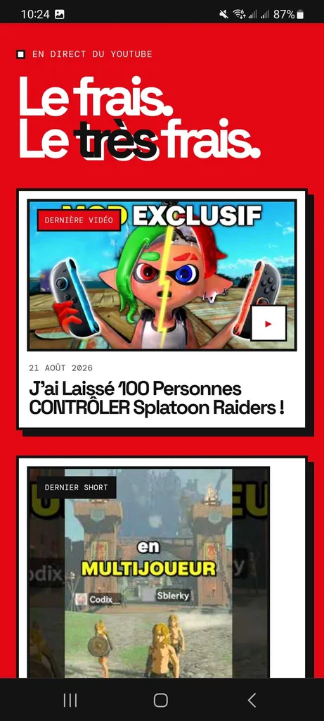 Écran des dernières vidéos YouTube dans la PWA Sblerky