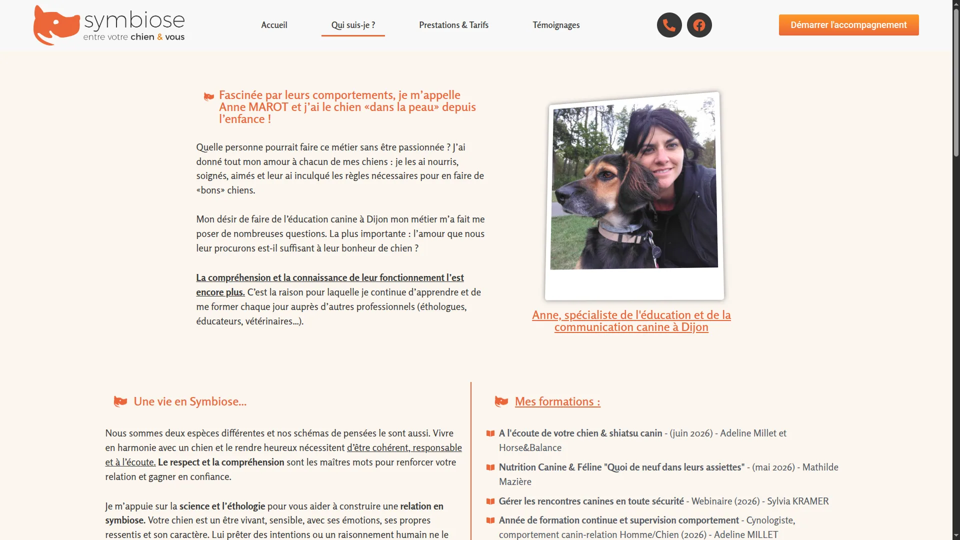 Page À propos de Symbiose Canin Dijon présentant l’éducatrice canine