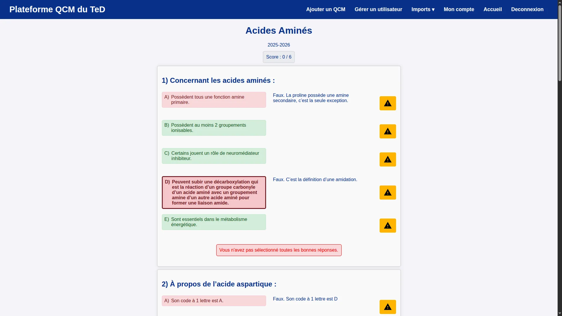 Vue de correction d’un QCM dans la plateforme TeD