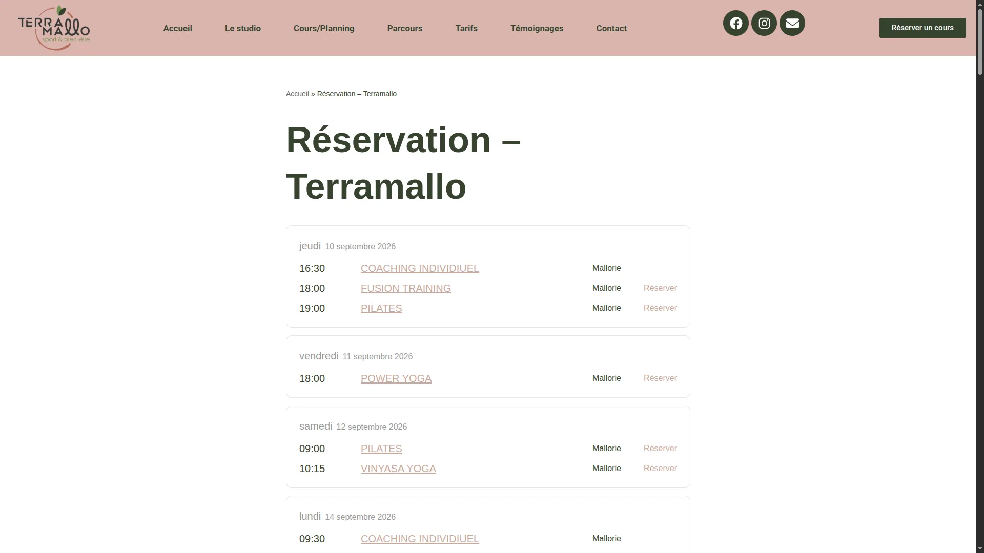 Planning des cours Terramallo avec les créneaux disponibles et les accès à la réservation